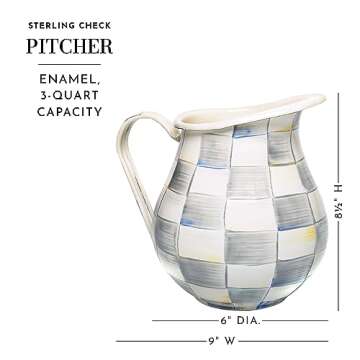 MACKENZIE-CHILDS Enamel Pitcher with Spout for Water, Cut Flowers, and Home Decor, 3 Quarts, Gray-and-White Sterling Check