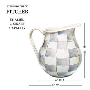 MACKENZIE-CHILDS Enamel Pitcher with Spout for Water, Cut Flowers, and Home Decor, 3 Quarts, Gray-and-White Sterling Check