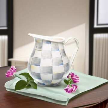 MACKENZIE-CHILDS Enamel Pitcher with Spout for Water, Cut Flowers, and Home Decor, 3 Quarts, Gray-and-White Sterling Check