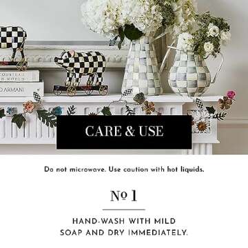 MACKENZIE-CHILDS Enamel Pitcher with Spout for Water, Cut Flowers, and Home Decor, 3 Quarts, Gray-and-White Sterling Check