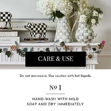 MACKENZIE-CHILDS Enamel Pitcher with Spout for Water, Cut Flowers, and Home Decor, 3 Quarts, Gray-and-White Sterling Check