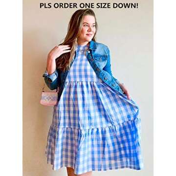 Women Summer Dresses Casual Ruffle Sleeveless Plaid Babydoll Sundress Tank Short Dress with Pockets Blue XL