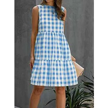 Women Summer Dresses Casual Ruffle Sleeveless Plaid Babydoll Sundress Tank Short Dress with Pockets Blue XL