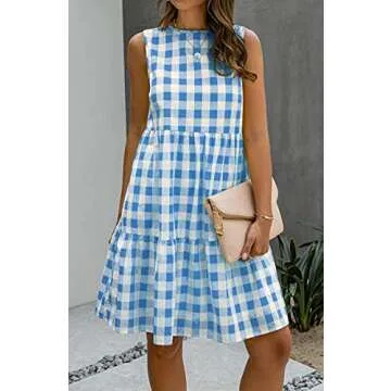 Women Summer Dresses Casual Ruffle Sleeveless Plaid Babydoll Sundress Tank Short Dress with Pockets Blue XL