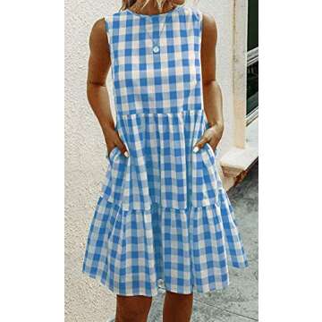 Women Summer Dresses Casual Ruffle Sleeveless Plaid Babydoll Sundress Tank Short Dress with Pockets Blue XL