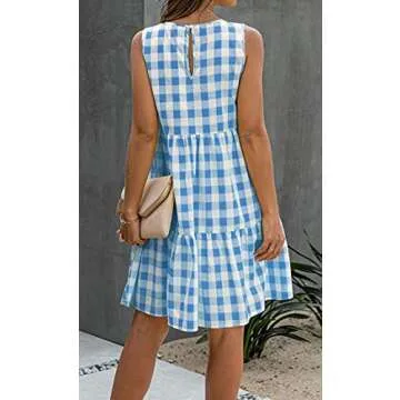 Women Summer Dresses Casual Ruffle Sleeveless Plaid Babydoll Sundress Tank Short Dress with Pockets Blue XL