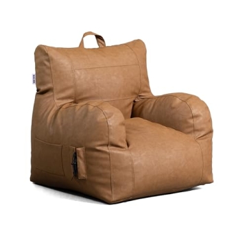 Big Joe Dorm Bean Bag Chair with Drink Holder and Pocket, Caramel Vegan Leather, Kids and Teens, 3 feet