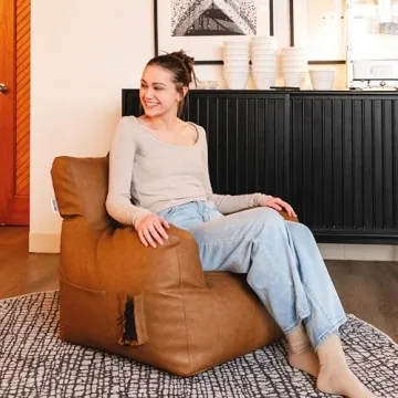 Big Joe Dorm Bean Bag Chair with Drink Holder and Pocket, Caramel Vegan Leather, Kids and Teens, 3 feet