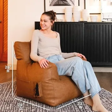 Big Joe Dorm Bean Bag Chair with Drink Holder and Pocket, Caramel Vegan Leather, Kids and Teens, 3 feet