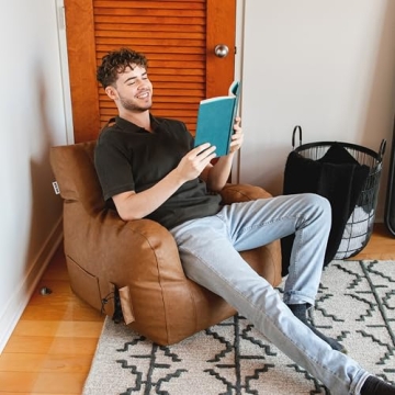 Big Joe Dorm Bean Bag Chair with Drink Holder and Pocket, Caramel Vegan Leather, Kids and Teens, 3 feet