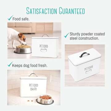 OUTSHINE Farmhouse Pet Food Bin | Large Pet Food Storage Container with Fitted Lid | White Metal Pet Treat Container for Countertop | Decorative Treat Jar for Pet Food Storage | Pet Food Canister