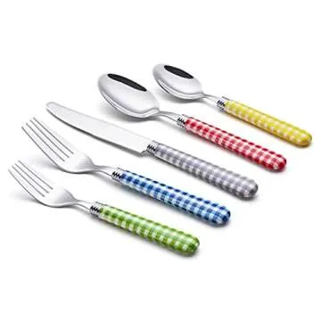 ANNOVA Silverware Set 20 Pcs Stainless Steel Cutlerty Color Handle Flatware -4xDinner Knife;4xDinner Fork;4xSalad Fork;4xDinner Spoon;4xDessert Spoon (Mix Color/Gingham Checkered Pattern)