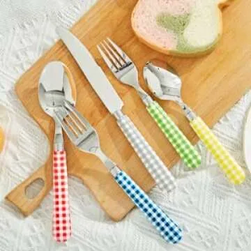 ANNOVA Silverware Set 20 Pcs Stainless Steel Cutlerty Color Handle Flatware -4xDinner Knife;4xDinner Fork;4xSalad Fork;4xDinner Spoon;4xDessert Spoon (Mix Color/Gingham Checkered Pattern)