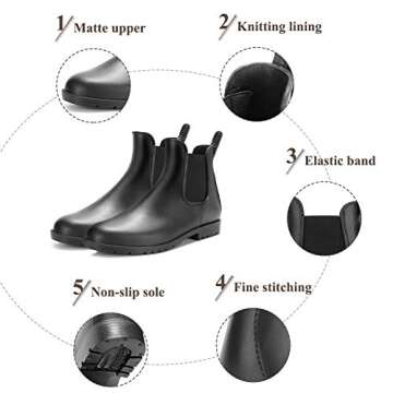 DAWAN Women's Anti-Slip Rain Boots Short Garden Shoes Waterproof Chelsea Booties Black 5.5 US