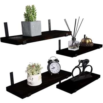 HXSWY Rustic Wood Floating Shelves Wall Mounted Farmhouse Wooden Wall Shelf for Bathroom Kitchen Bedroom Living Room Set of 4 Black