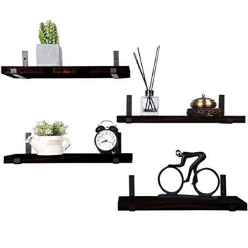 HXSWY Rustic Wood Floating Shelves Wall Mounted Farmhouse Wooden Wall Shelf for Bathroom Kitchen Bedroom Living Room Set of 4 Black