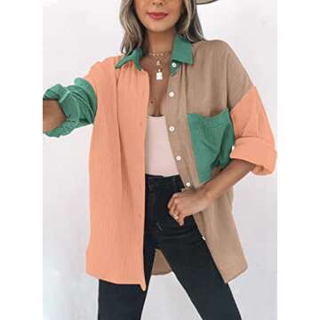 Dokotoo Womens Fashion Long Sleeve V Neck Collared Button Down Color Block Shirts Resort Wear for Wo...