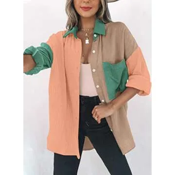 Dokotoo Womens Fashion Long Sleeve V Neck Collared Button Down Color Block Shirts Resort Wear for Wo...