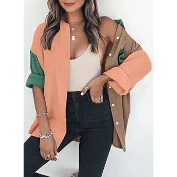 Dokotoo Womens Fashion Long Sleeve V Neck Collared Button Down Color Block Shirts Resort Wear for Women Ladies 2025 Basic Spring Summer Work Beach Outwear Tops Blouses Khaki XL