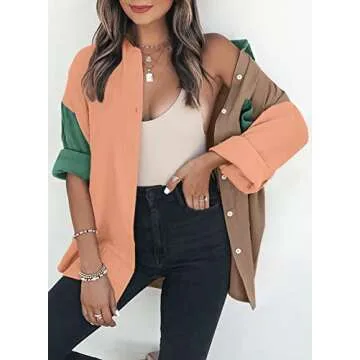 Dokotoo Womens Fashion Long Sleeve V Neck Collared Button Down Color Block Shirts Resort Wear for Women Ladies 2025 Basic Spring Summer Work Beach Outwear Tops Blouses Khaki XL