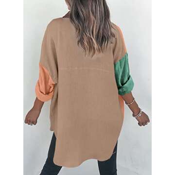 Dokotoo Womens Fashion Long Sleeve V Neck Collared Button Down Color Block Shirts Resort Wear for Women Ladies 2025 Basic Spring Summer Work Beach Outwear Tops Blouses Khaki XL