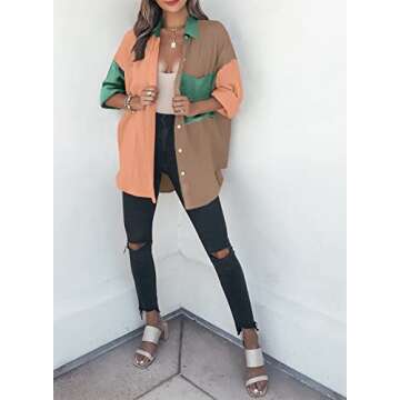 Dokotoo Womens Fashion Long Sleeve V Neck Collared Button Down Color Block Shirts Resort Wear for Women Ladies 2025 Basic Spring Summer Work Beach Outwear Tops Blouses Khaki XL