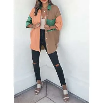 Dokotoo Womens Fashion Long Sleeve V Neck Collared Button Down Color Block Shirts Resort Wear for Women Ladies 2025 Basic Spring Summer Work Beach Outwear Tops Blouses Khaki XL