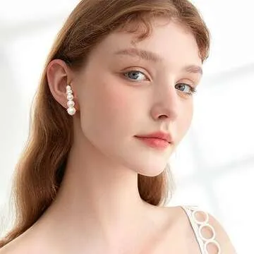 MUYAN Women’s Gold Plated White Pearl Half Hoop Earrings - Lightweight Elegance