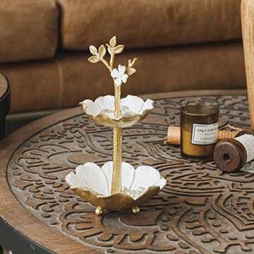 NIKKY HOME Gold Metal Jewelry Holder Stand With Ring Tray, Tree Jewelry Organizer Decorative Flower Jewelry Necklace Holder Organizer Rack Tower