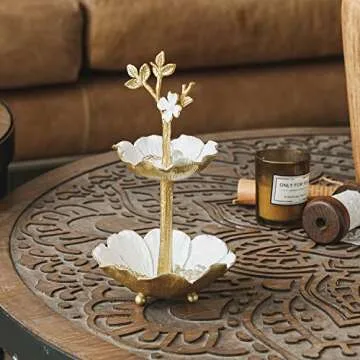 NIKKY HOME Gold Metal Jewelry Holder Stand With Ring Tray, Tree Jewelry Organizer Decorative Flower Jewelry Necklace Holder Organizer Rack Tower