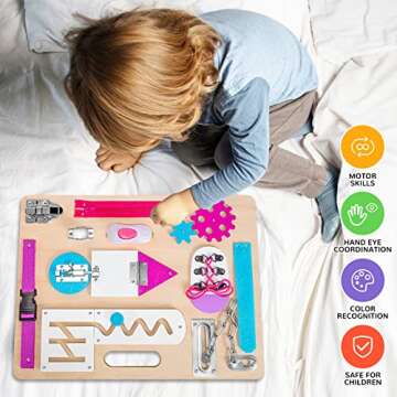 Toddler Montessori Busy Board with LED Light, Montessori Toys for Kids 1 2 3 Year Old, Baby Sensory Board with Light Switches, Preschool Learning Activity, Wooden Travel Toys, Christmas Birthday Gift