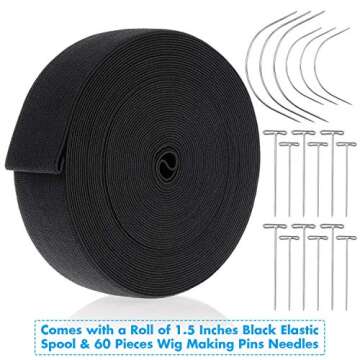 Elastic Band for Wigs, Cridoz Black Elastic Wig Band Elastic Strap Spool with 60pcs Weaving Needles ...