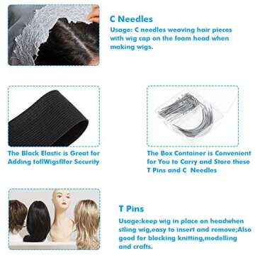 Elastic Band for Wigs, Cridoz Black Elastic Wig Band Elastic Strap Spool with 60pcs Weaving Needles and T Pins for Wigs and Sewing (1.5 Inch X 11 Yard)
