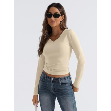 Chic Long Sleeve V Neck Crop Tops for Women 2024