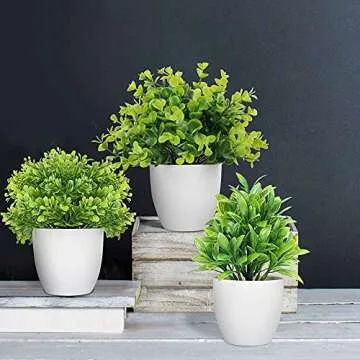LELEE Artificial Potted Plants Mini Fake Plants with Pots, 3 Pack Medium Eucalyptus Potted Faux Decorative Grass Plant with White Plastic Pot for Home Decor, Indoor, Office, Desk, Table Decoration