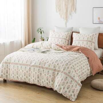 HoneiLife Queen Duvet Cover Set - Breathable 100% Cotton Floral 3pcs Wildflower Comforter Cover, with Zipper Closure and Corner Ties, Sweet Grass