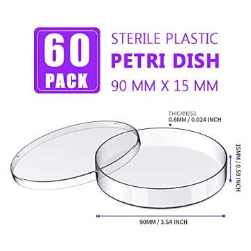 60 Pack Sterile Plastic Petri Dishes with Lid, 90mm Dia x 15mm Deep (90MM-60PACK)