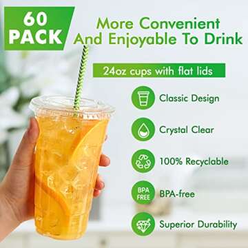 Lilymicky 60 Sets 24 oz Clear Plastic Cups With Flat Lids, 24 Ounce Disposable Drinking Cups With Lids for Ice Coffee, Smoothie, Slurpee, or Any Cold Drinks