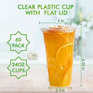 Lilymicky 60 Sets 24 oz Clear Plastic Cups With Flat Lids, 24 Ounce Disposable Drinking Cups With Lids for Ice Coffee, Smoothie, Slurpee, or Any Cold Drinks