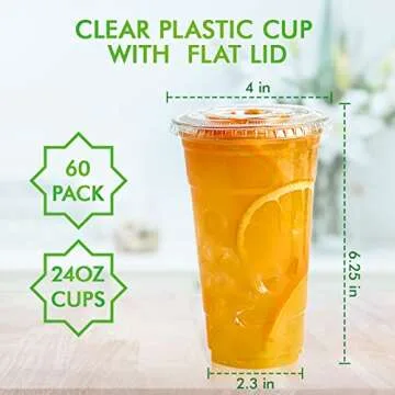 Lilymicky 60 Sets 24 oz Clear Plastic Cups With Flat Lids, 24 Ounce Disposable Drinking Cups With Lids for Ice Coffee, Smoothie, Slurpee, or Any Cold Drinks