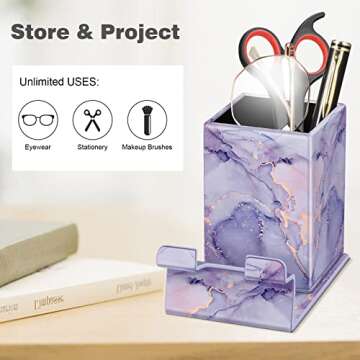 Fintie Pencil Holder with Magnetic Base, Eyeglasses Holder Stand, Desktop Organizer Nightstand Accessories Office Supplies Case, Lilac Marble