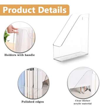 Voittozege 2 Pack Clear Acrylic Magazine File Holder Plastic Desk Organizer with Handle, Acrylic Vertical File Folder Bin Storage File Folders Magazine Rack Document Storage Organizer for Home Office