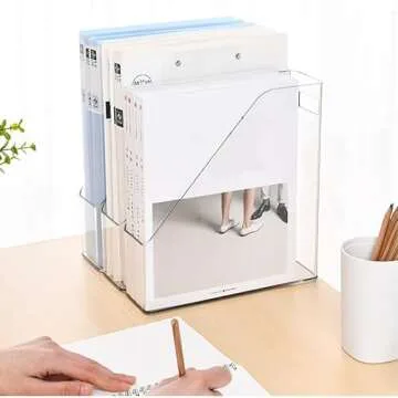 Voittozege 2 Pack Clear Acrylic Magazine File Holder Plastic Desk Organizer with Handle, Acrylic Vertical File Folder Bin Storage File Folders Magazine Rack Document Storage Organizer for Home Office