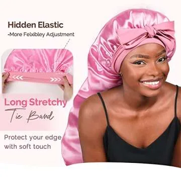YANIBEST Silk Bonnet for Sleeping Women Braid Bonnet for Long Hair with Tie Band Satin Bonnet for Braids Hair Sleeping Cap Gifts for Women Pink