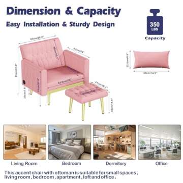 STHOUYN Velvet Modern Accent Chair and Ottoman Set with 2 USB Ports, Pink Comfy Reading Chair Bedroo...