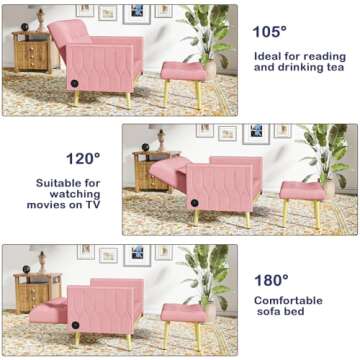 STHOUYN Velvet Modern Accent Chair and Ottoman Set with 2 USB Ports, Pink Comfy Reading Chair Bedroom Living Room Chairs, Recliner Lounge Chair, Adjustable Backrest and Pillow, Pink (Pink)