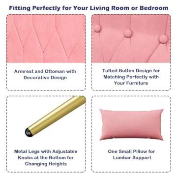 STHOUYN Velvet Modern Accent Chair and Ottoman Set with 2 USB Ports, Pink Comfy Reading Chair Bedroom Living Room Chairs, Recliner Lounge Chair, Adjustable Backrest and Pillow, Pink (Pink)