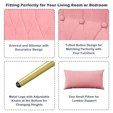 STHOUYN Velvet Modern Accent Chair and Ottoman Set with 2 USB Ports, Pink Comfy Reading Chair Bedroom Living Room Chairs, Recliner Lounge Chair, Adjustable Backrest and Pillow, Pink (Pink)