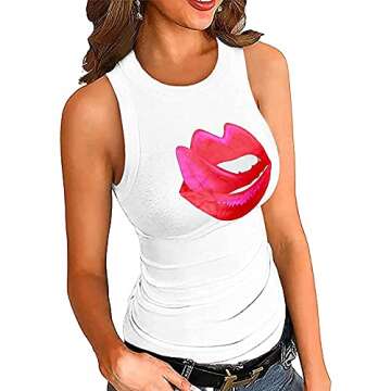 MAGICMK Women Slim Knit Ribbed Tank Tops Crew Neck Print Summer Casual Sleeveless Shirts (White+TongueM, XXL)