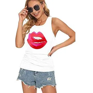 MAGICMK Women Slim Knit Ribbed Tank Tops Crew Neck Print Summer Casual Sleeveless Shirts (White+TongueM, XXL)